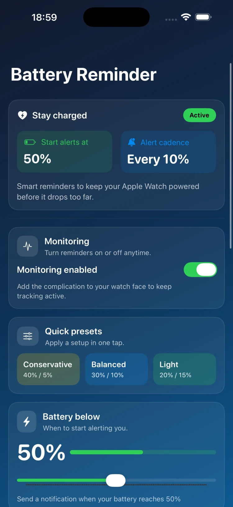 הגדרות Watch Battery Monitor עם פקדים לניטור, לסף רמת הסוללה ולמרווח הזמן בין התזכורות
