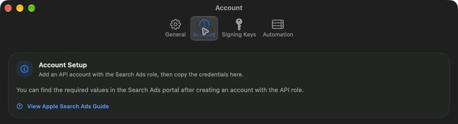 SearchAds Manager Settings with Account selected and the Apple Search Ads setup guide link