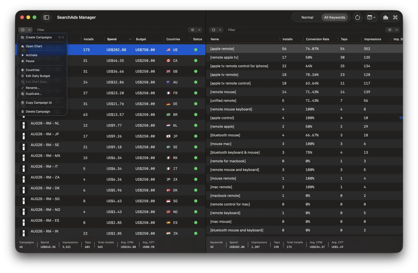 SearchAds Manager on Mac showing campaign reports and performance metrics