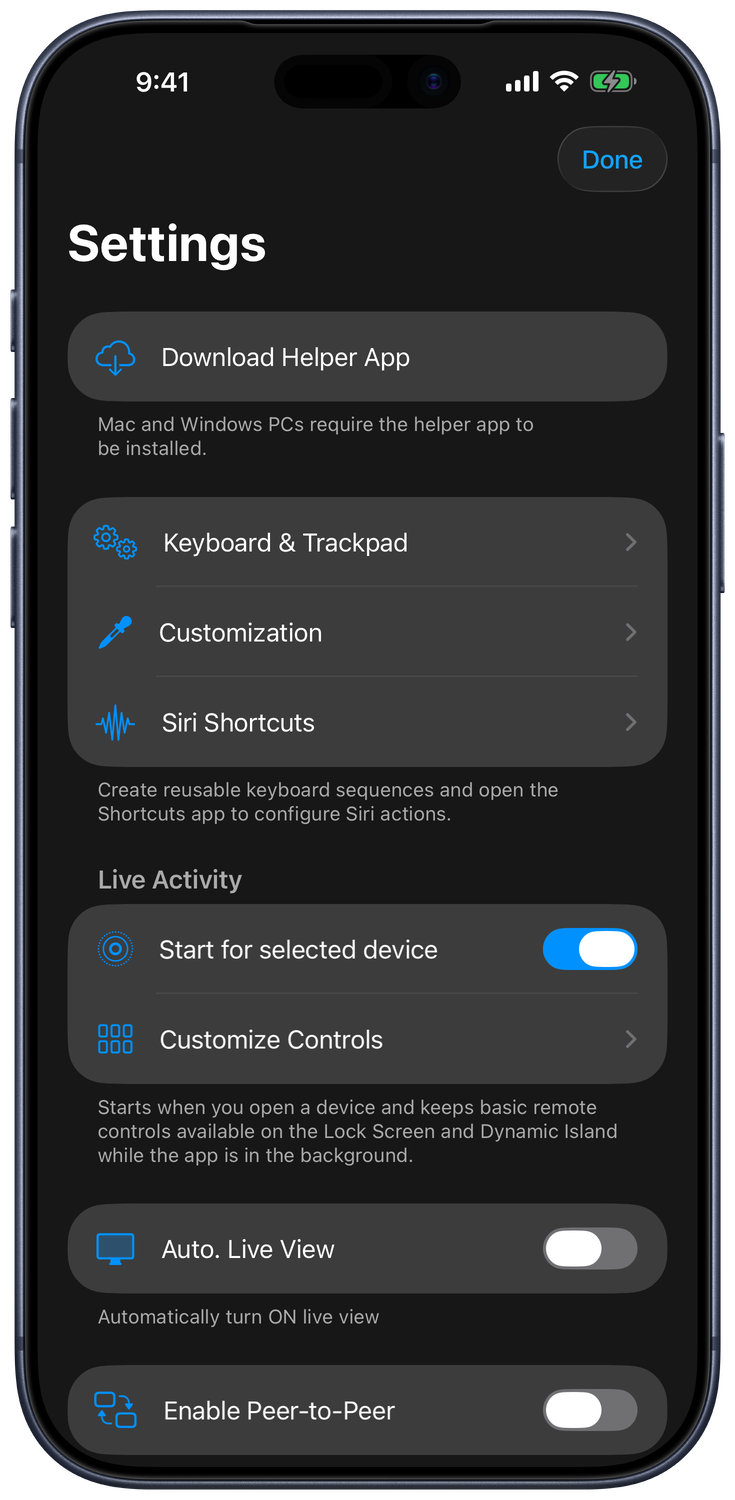 Settings screen with Keyboard and Trackpad, Customization, Siri Shortcuts, and Live Activity options