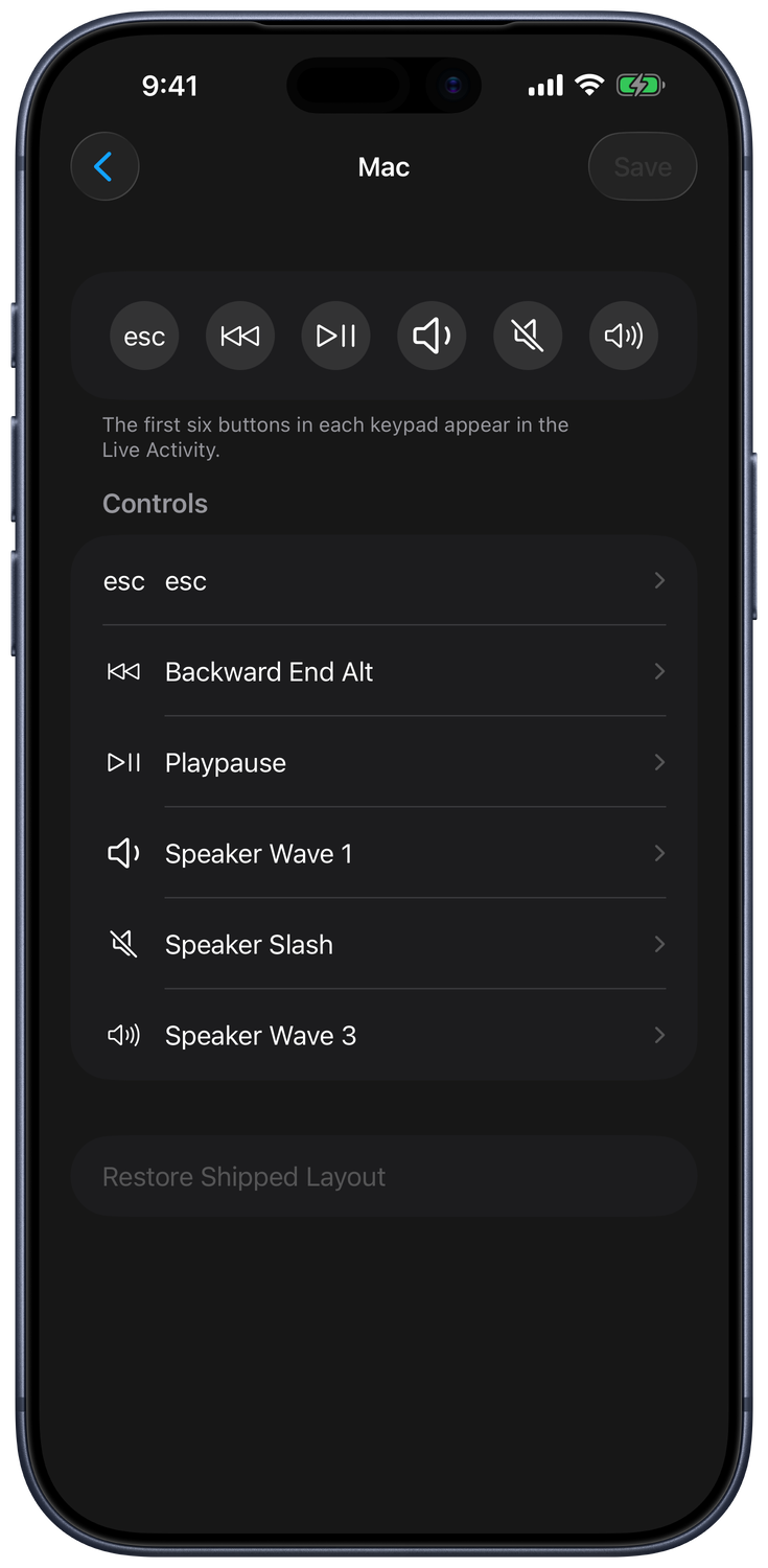 Live Activity controls editor with six configurable media and volume buttons