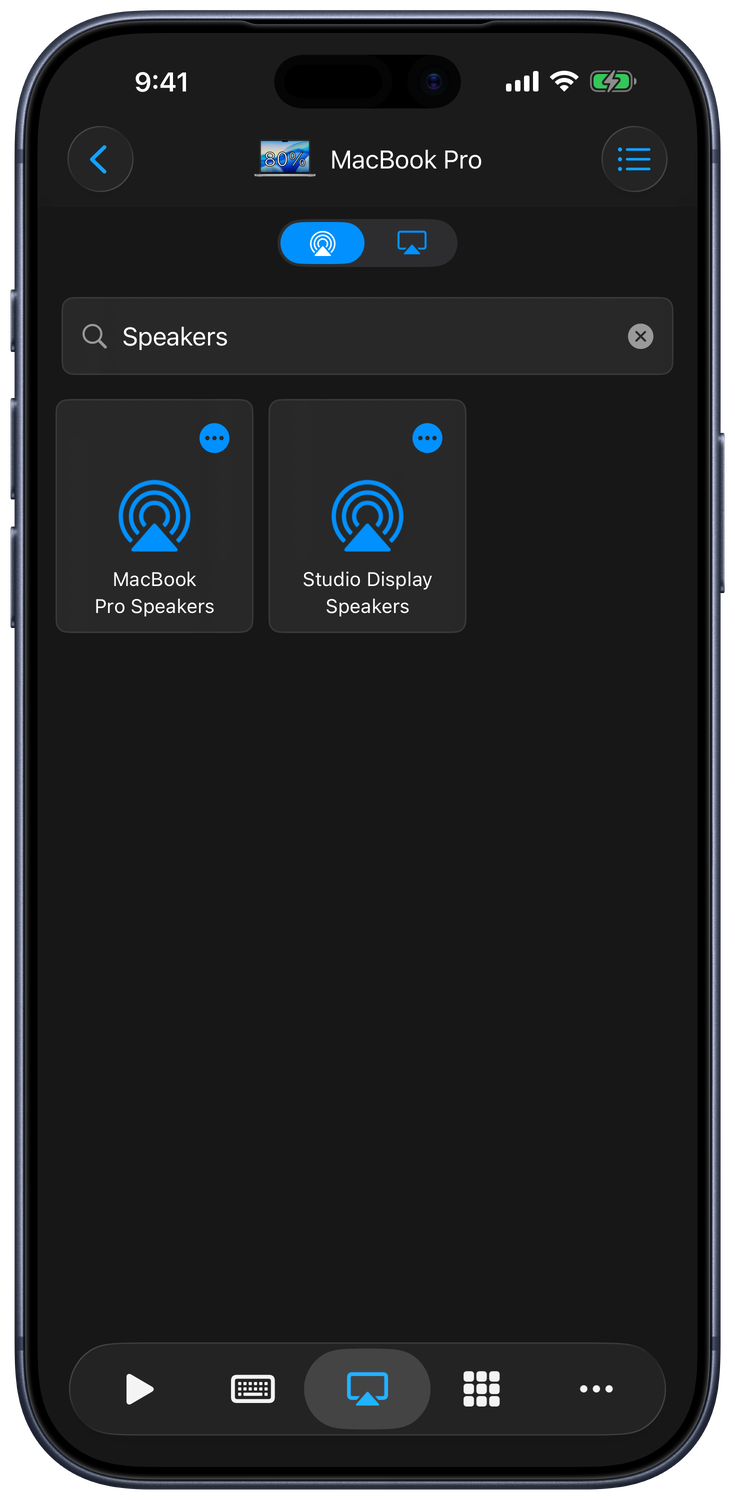 AirPlay audio outputs filtered to MacBook Pro Speakers and Studio Display Speakers