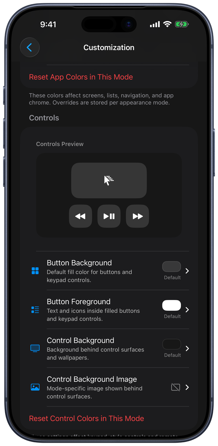 Controls appearance settings with color overrides for the selected appearance mode