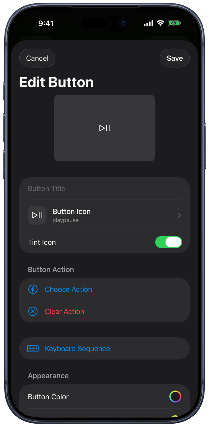 Edit Button sheet with icon and title preview, Choose Action, Keyboard Sequence, and Appearance