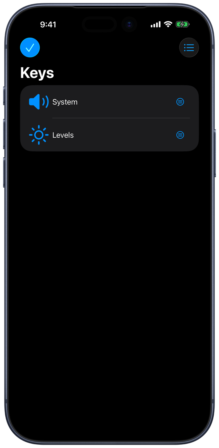 Keypad list showing System and Levels, with a menu beside each layout