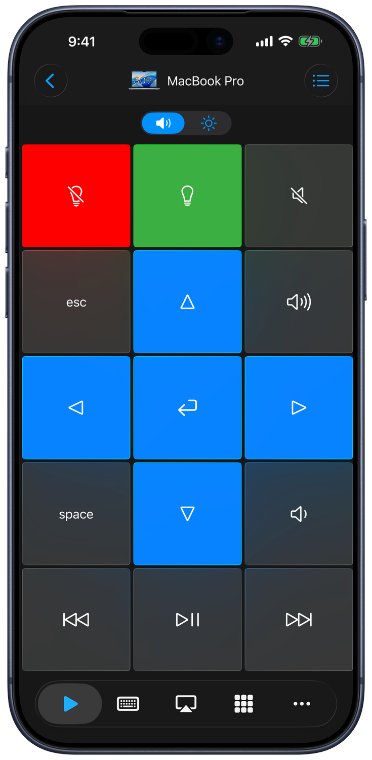 System keypad with media, volume, navigation, and shortcut buttons for a connected Mac