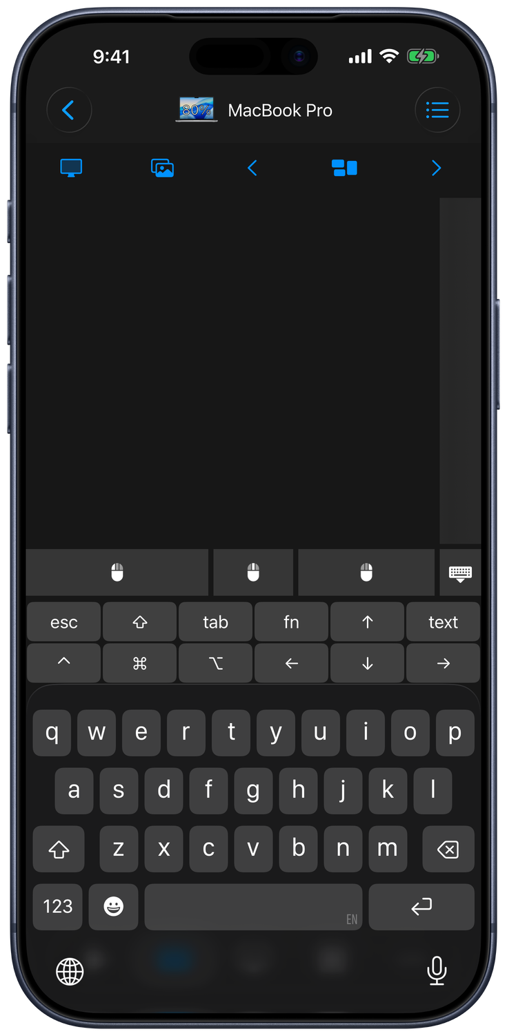 Remote keyboard with extra Mac modifier and navigation keys above the iPhone keyboard