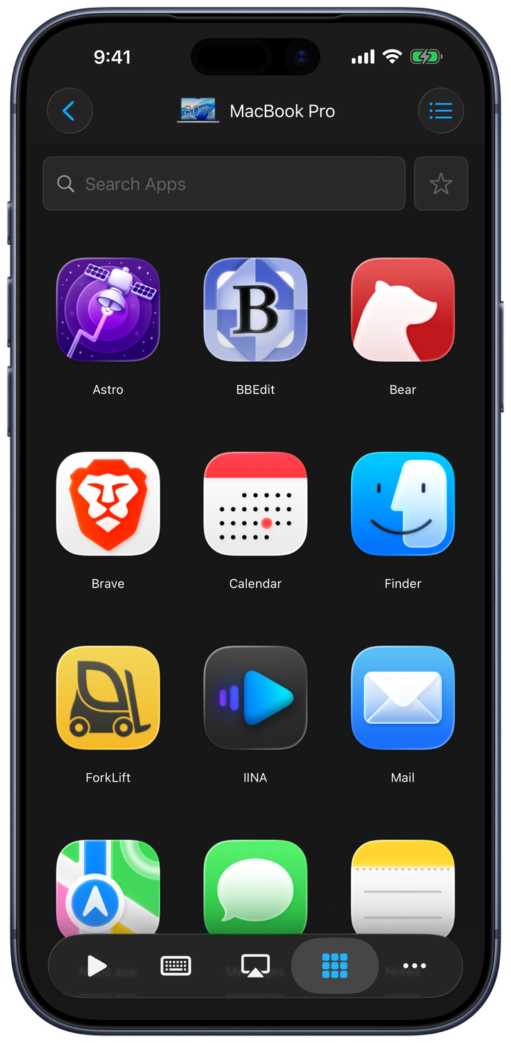 Searchable grid of applications on a connected Mac