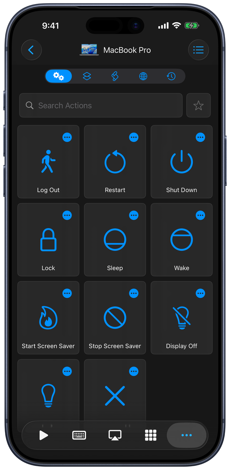 System action grid on a Mac connection with Log Out, Restart, Shut Down, Lock, Sleep, and Wake