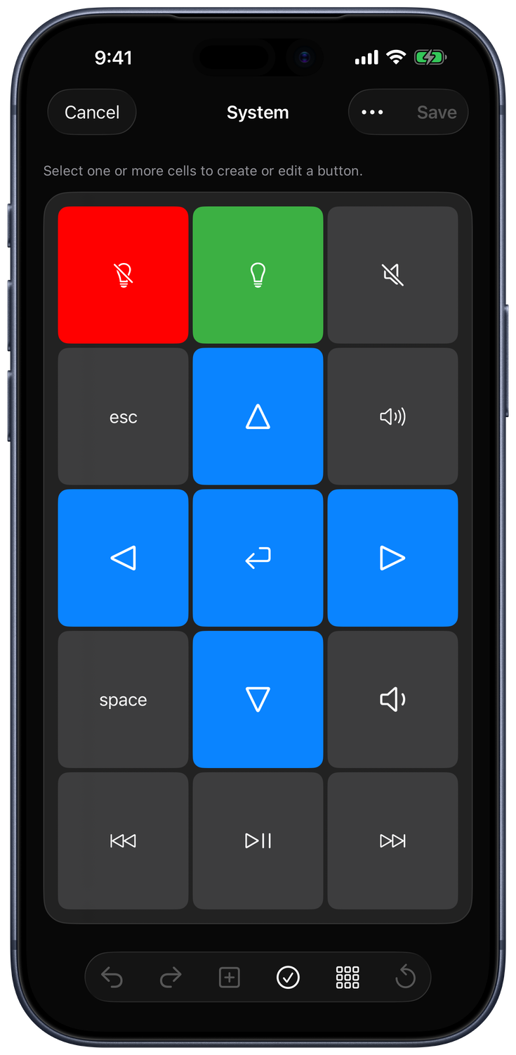 Current keypad editor showing the System grid, selection controls, and editing toolbar