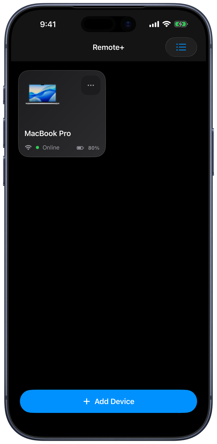 Saved devices screen with a MacBook Pro card and Add Device button