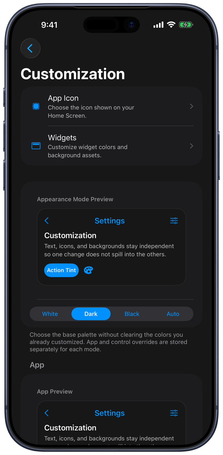 Customization settings with app icon, widgets, and White, Dark, Black, and Auto appearance modes