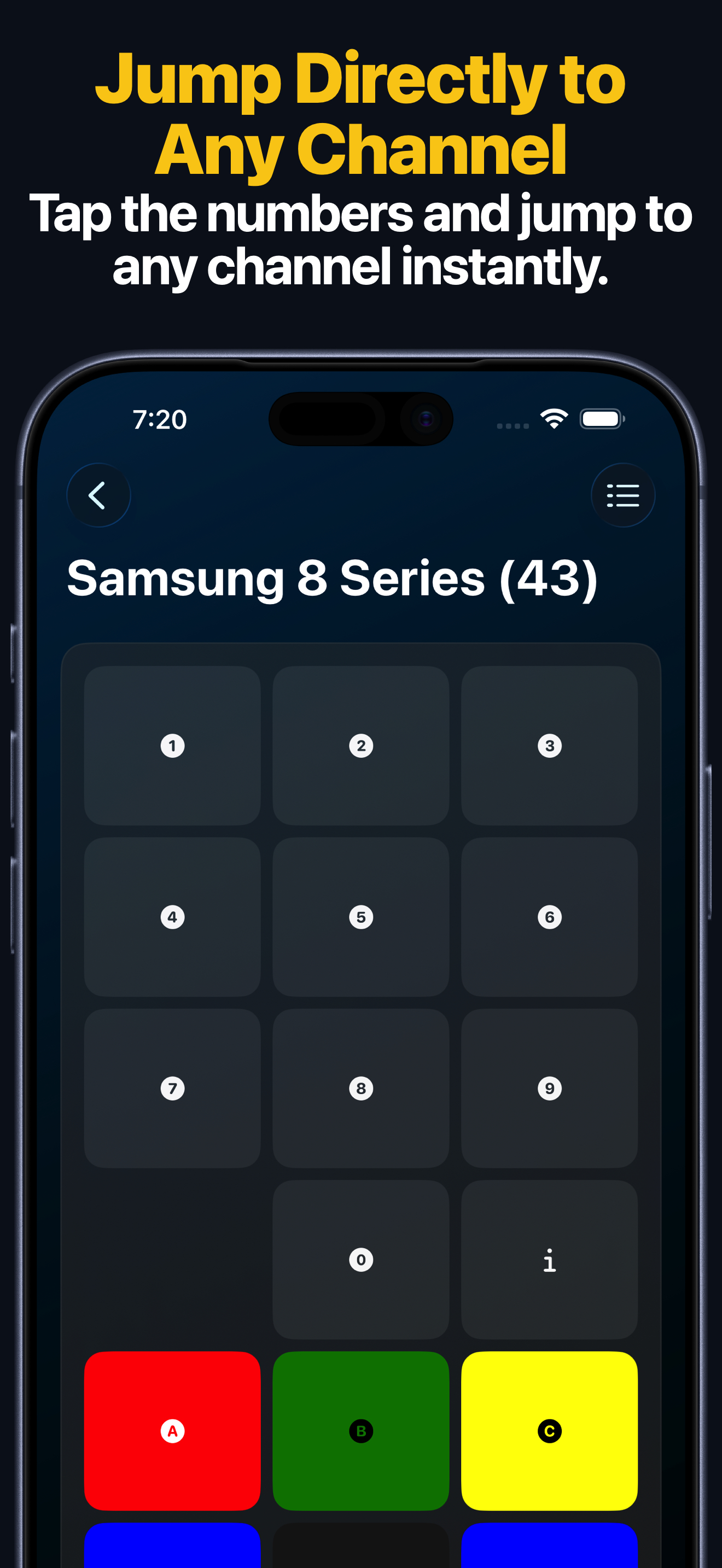 Samsung TV remote keypad screen on iPhone