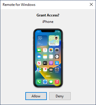 Remote for Windows met de vraag of een iPhone toegang mag krijgen, met de knoppen Toestaan en Weigeren