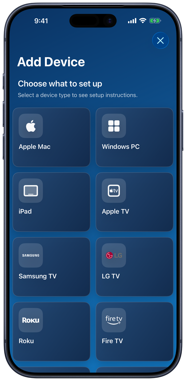 Add Device grid with computer, iPad, TV, and streaming device choices