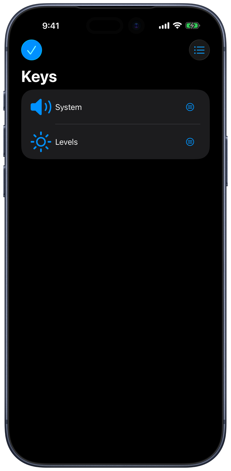 Keypad list showing System and Levels, with a menu beside each layout