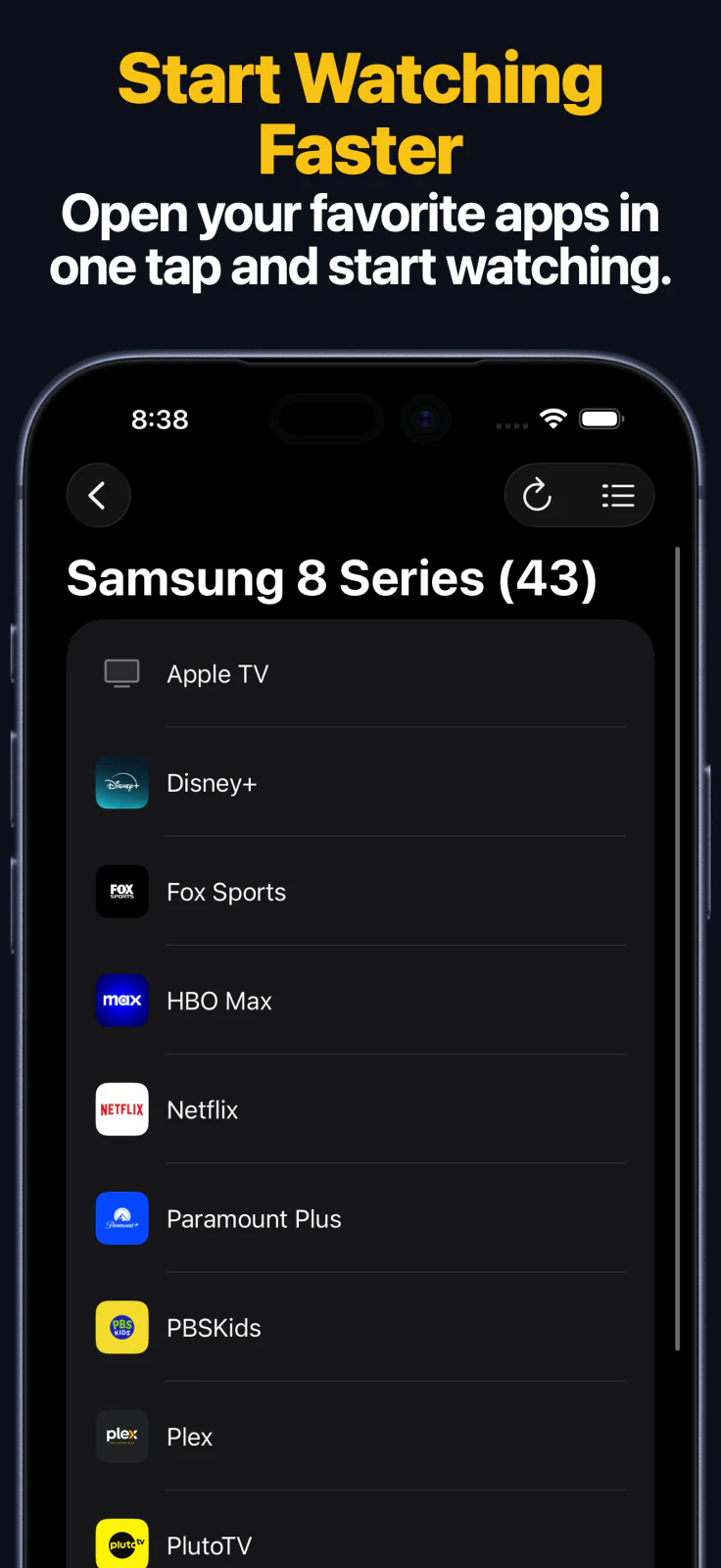 Scherm voor het starten van Fire TV-apps in de afstandsbedieningsapp op iPhone