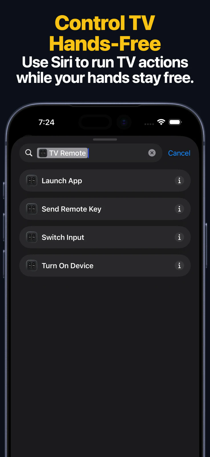 Comandi rapidi di Siri per le azioni del telecomando TV su iPhone