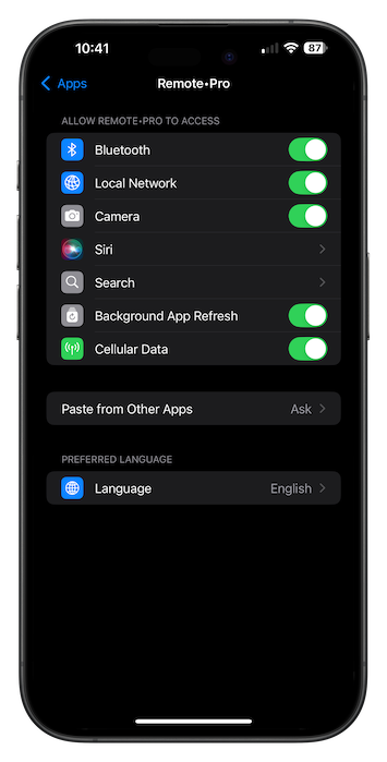 Remote Proの「ローカルネットワーク」が有効になっているiPhoneの「設定」画面
