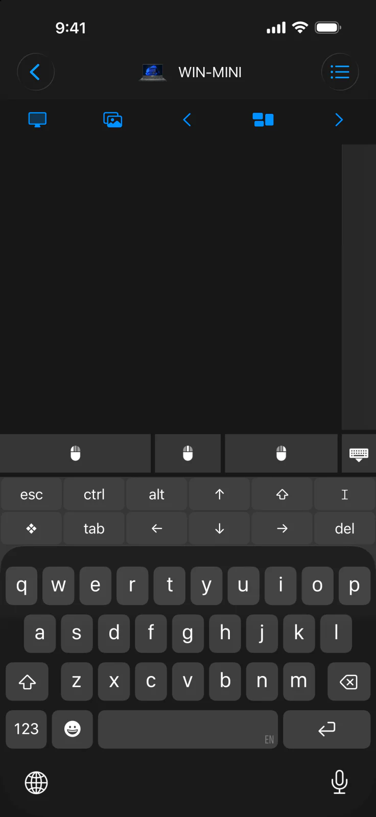 Mouse · Keyboard يعرض عناصر التحكم بلوحة التعقب ولوحة المفاتيح على iPhone