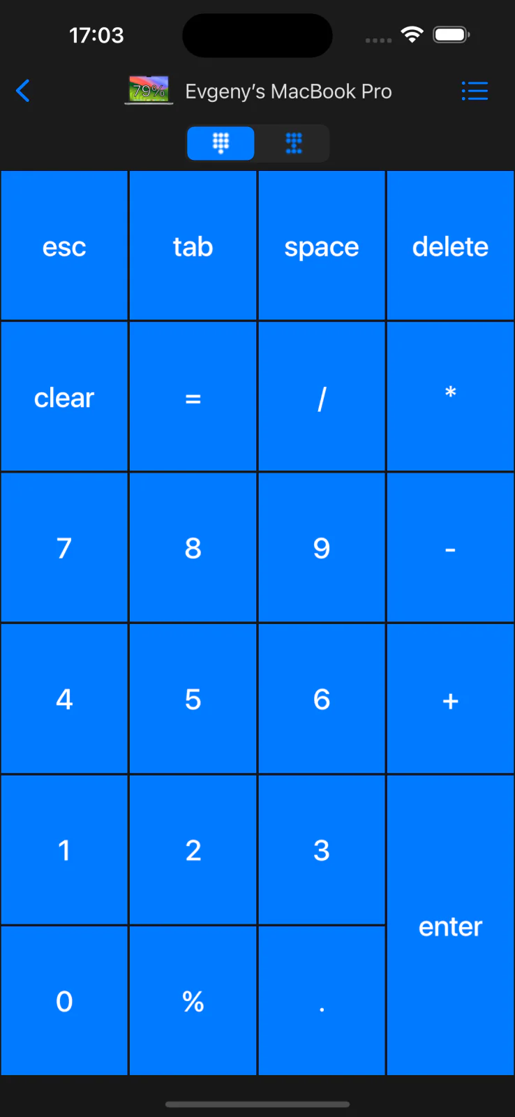 Remote KeyPad & NumPad showing number pad controls on an iPhone