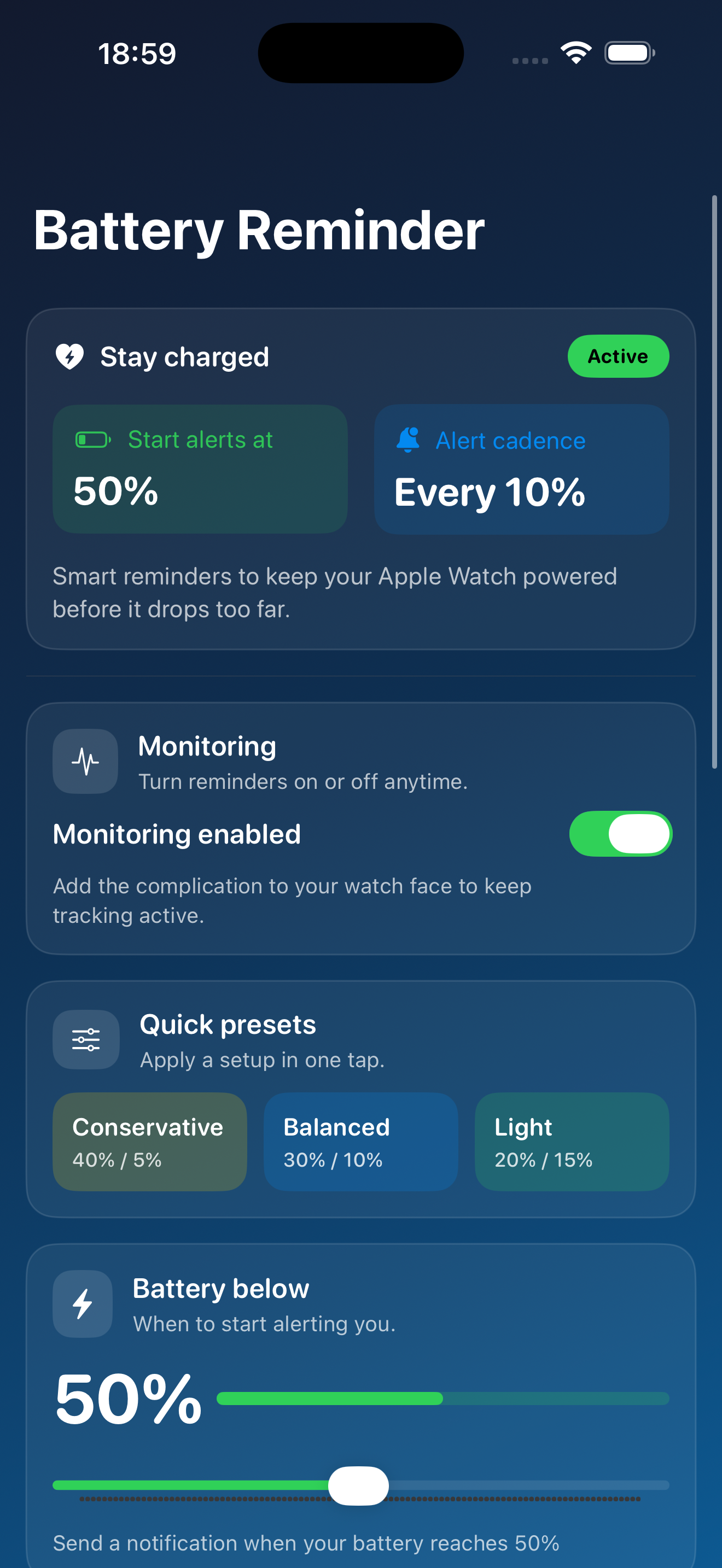 Watch Battery Monitor med indstillinger for batteriadvarsler på en iPhone