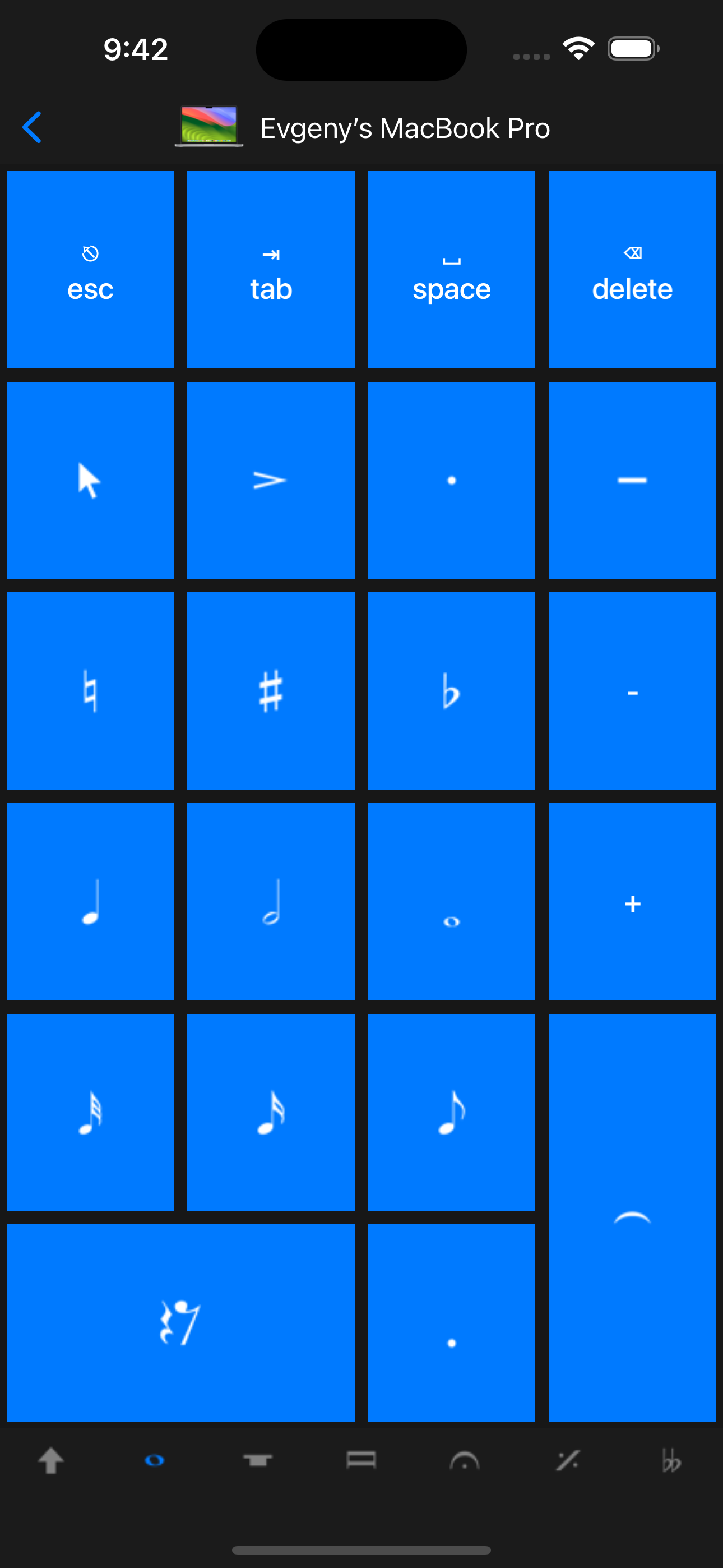 Sibelius KeyPad يعرض عناصر التحكم بالتدوين الموسيقي على iPhone